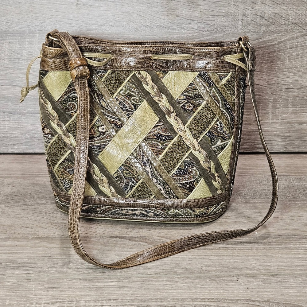 Sharif Vintage Patchwork Leather Tapestry Bucket Bag Crossbody Olive Brown USA‎